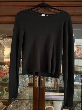 TNA Aritzia Black Thermal waffle knit Long-Sleeve Crew Neck Top